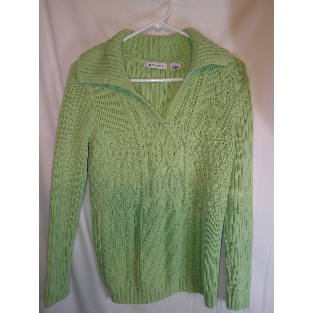 Liz Claiborne Cable Knit Sweater Collared Pullover Green Cotton Blend‎ L